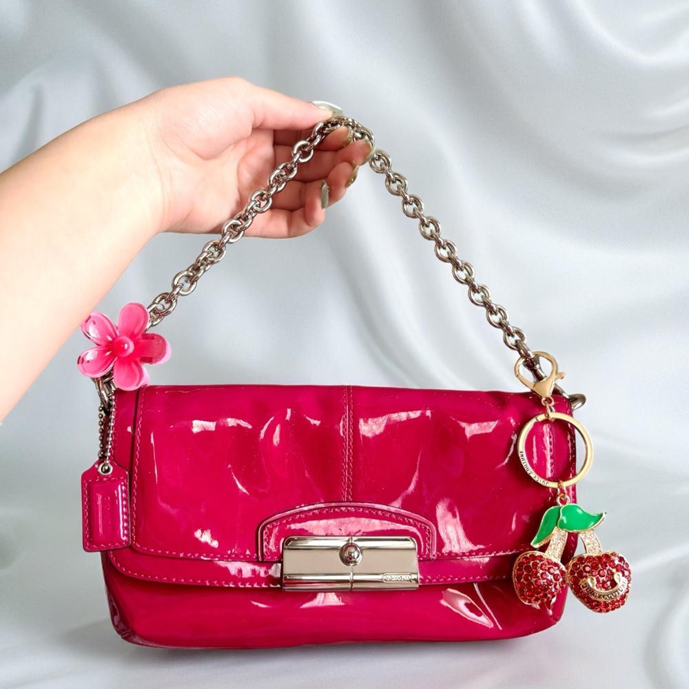 Coach Fuchsia Patent Leather Clutch with Chain Strap